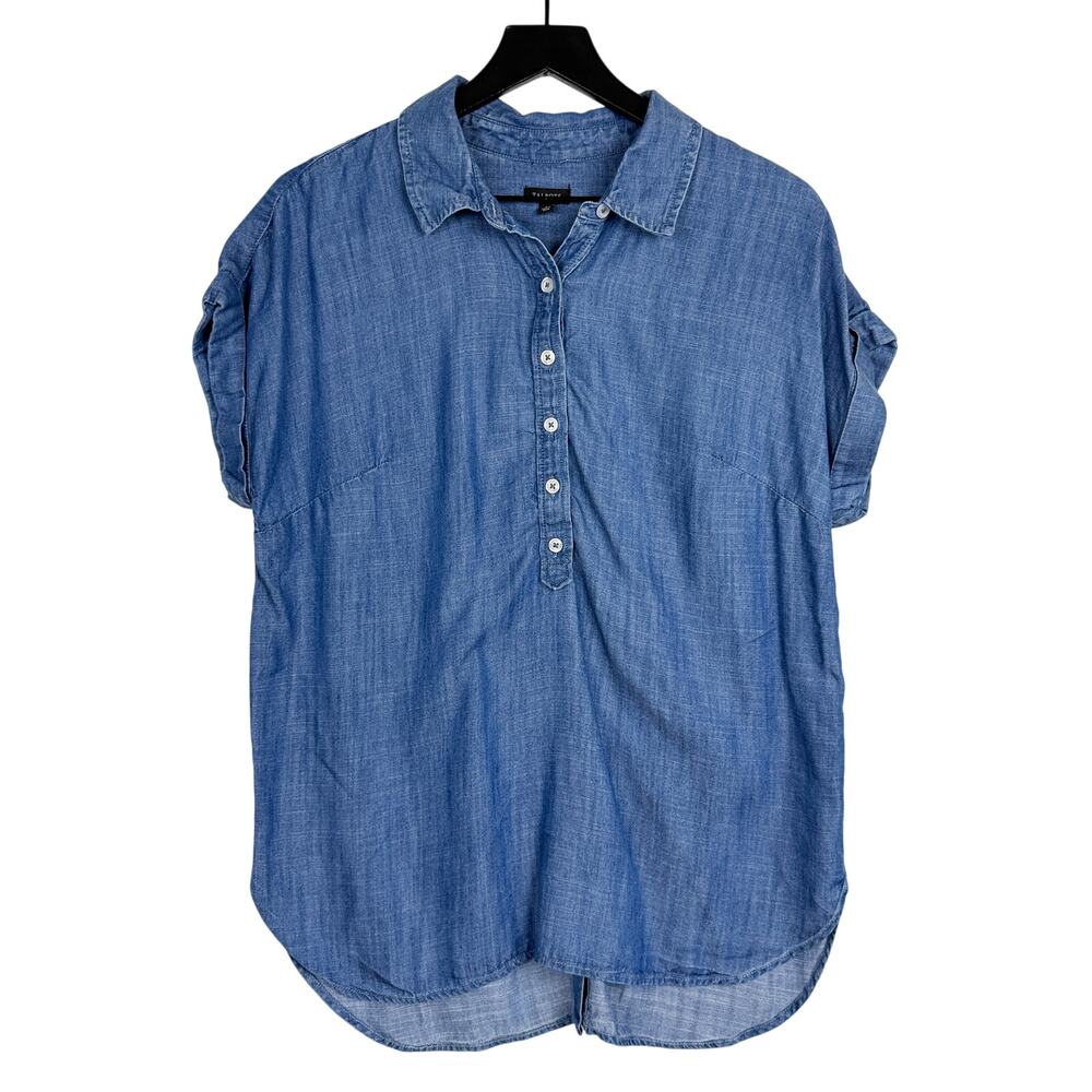 Talbots Lyocell Tencel Button Up Chambray Shirt Blue Buttoned Back - M